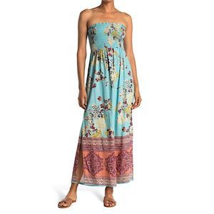 ANGIE NWT Aqua/Terracotta Floral Sleeveless Smocked Bodice Maxi Dress S